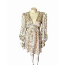Marc Jacobs Babydoll Mini Dress Sz 4 Silver Yellow Beaded Lace Puff Sleeve Boho
