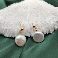 Pretty Natural 11-12mm White Freshwater Round Baroque Coin Pearl Earrings