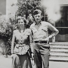 Vintage B W Photo Snapshot of Young Man WWII Soldier by Smiling Sister