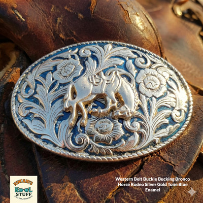 Western Belt Buckle Bucking Bronco Horse Rodeo Silver Gold Tone Blue Enamel