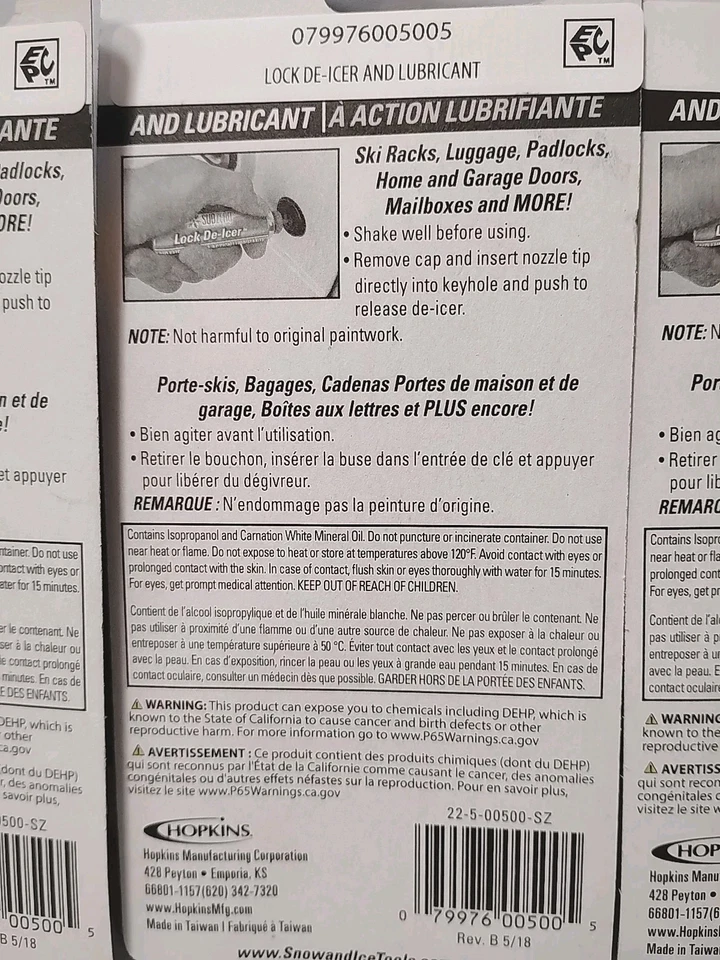 LOT 4 Hopkins SubZero Lock De-Icer and Lubricant .62 oz Ea Car/Deadbolt/Auto/SUV Foto 3 de 4