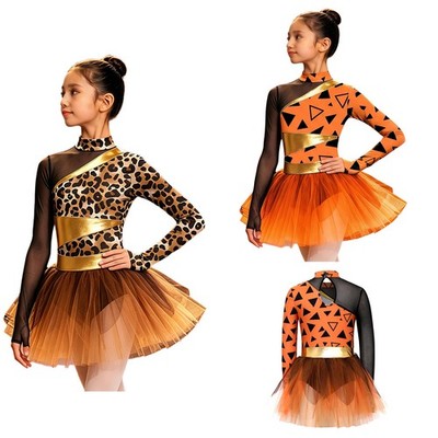 Mädchen Kostüm Rock Ballett Outfits Tanzbekleidung Patchwork Netz Gedruckt Tutu