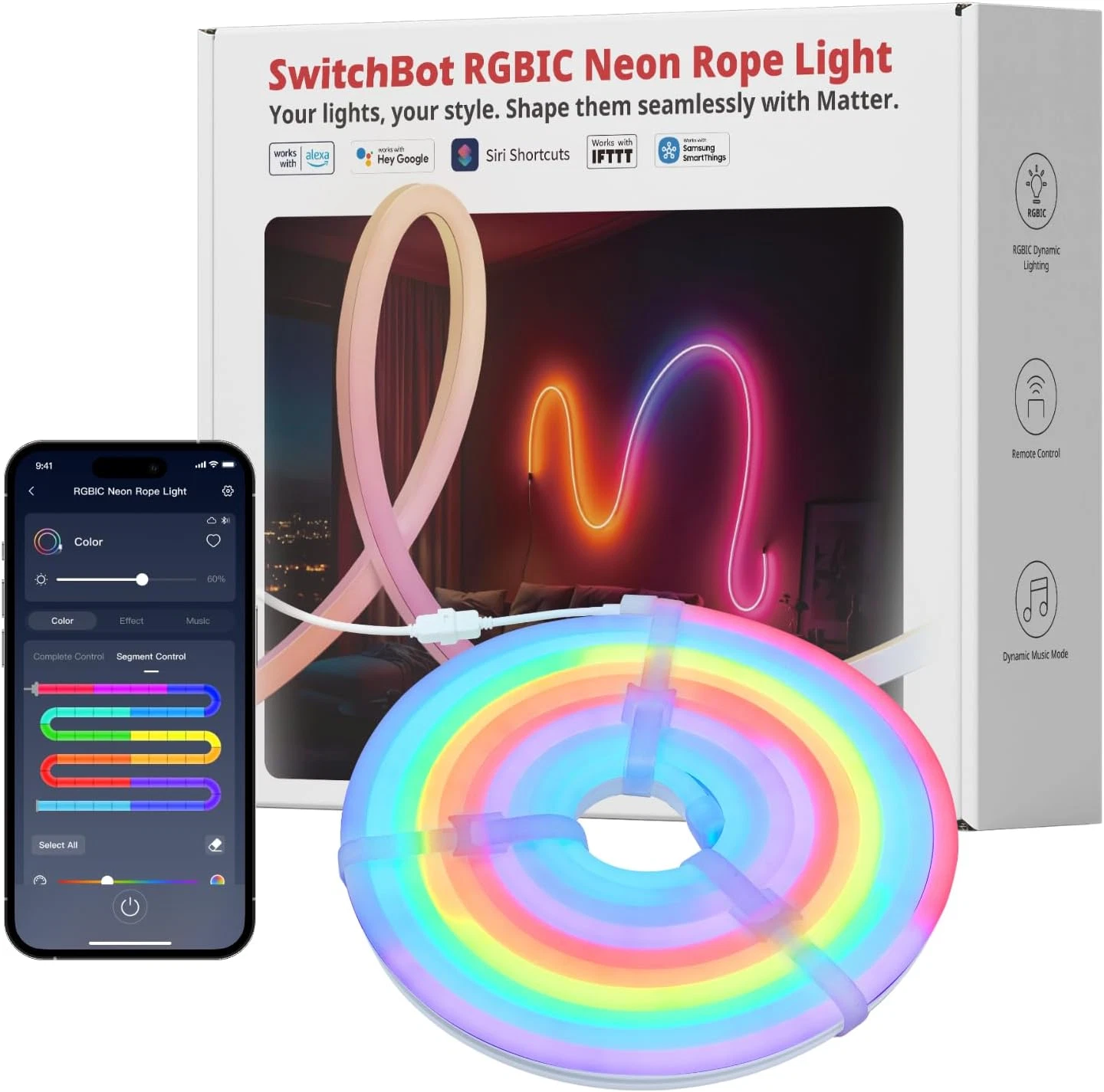 Smart RGBIC Neon Rope Light, 5M LED Strip, 16M Colors, Music Sync, Home Decor