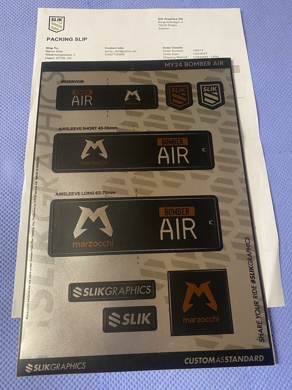 Slik Graphics Decal Kit For Marzocchi, Bomber Air.