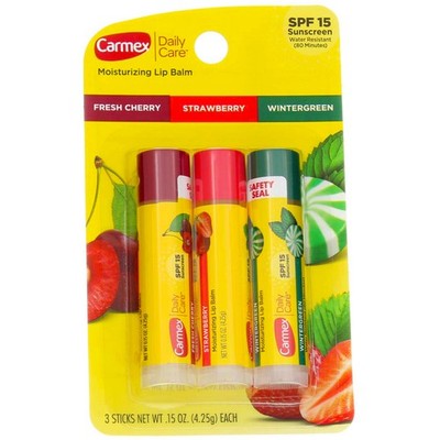 4 Pack Carmex Daily Care Moisturizing Lip Balm Stick, Cherry, Strawberry, Win...