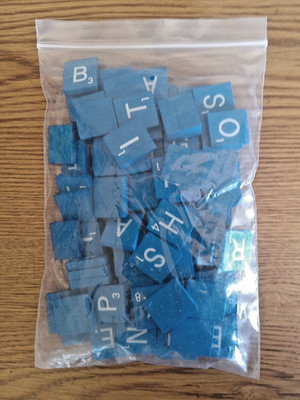 Blue with White Letters Wood Scrabble Tiles Set 100 Tiles ~ Game , Scrapbook
