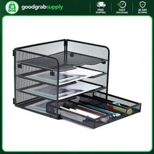 4-Tier Metal Desk Organizer with Drawer Black Steel Paper Letter Tray