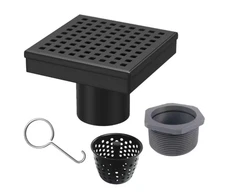 RELN 4 in. x 4 in. Matte Black Square Shower Drain w/ Square Pattern Drain Cover