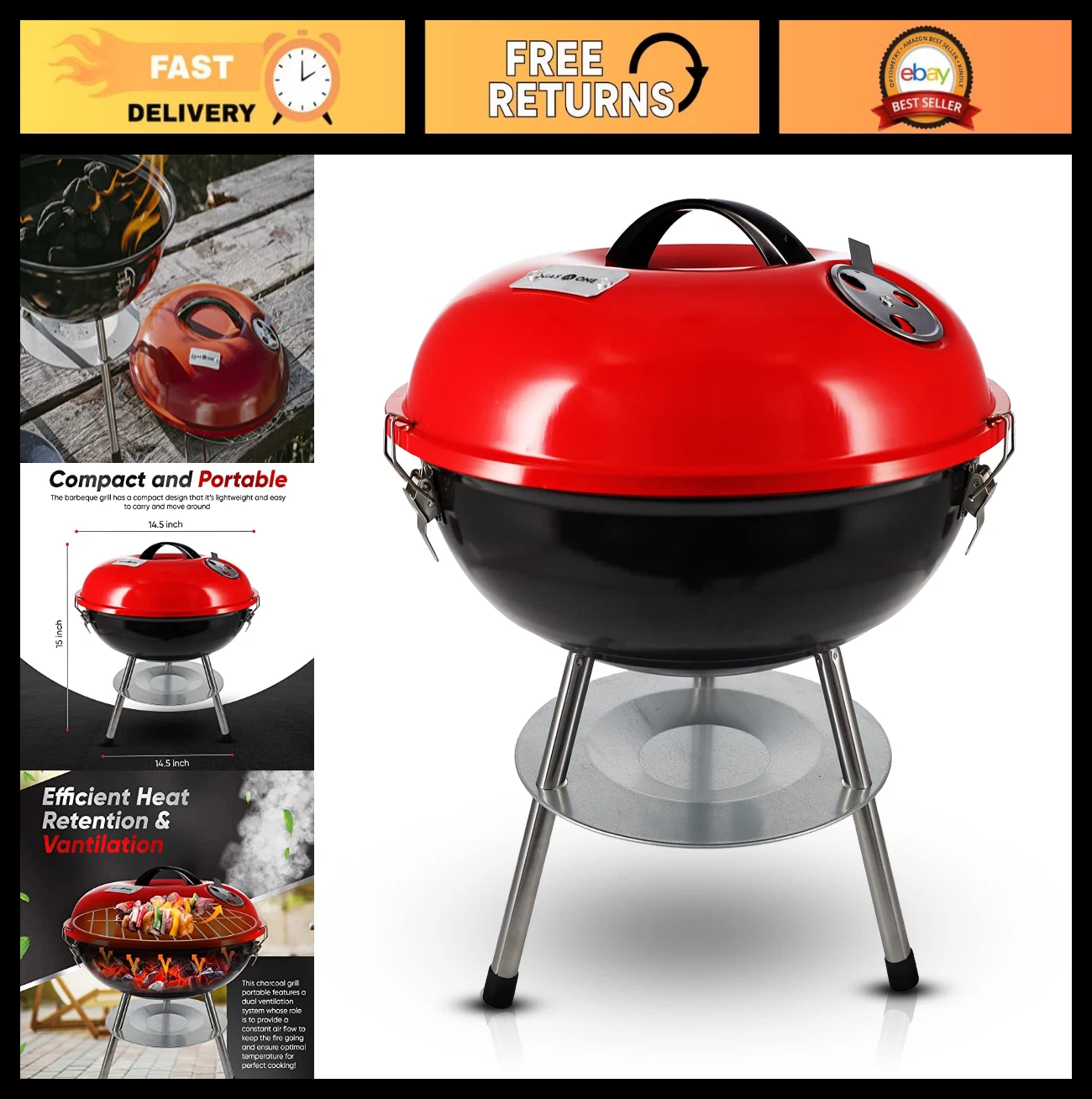 14" Portable Charcoal Grill with Locking Lid & Dual Venting - Ideal for Camping,