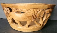 African Wood Bowl Hand Carved Rhino Elephant Lion 1 Piece of Wood Round 4" H