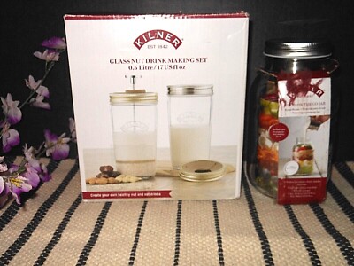 KILNER SET Glass Nut Drink Making Set & Food On The Go Jar  ~ New