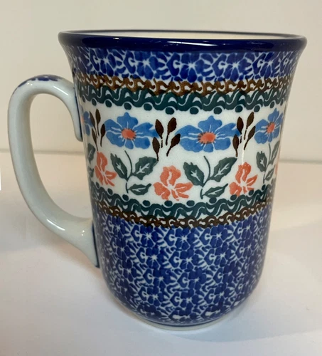 Ceramika Artystyczna Polish pottery Bistro mug, 17 oz, blue & white floral