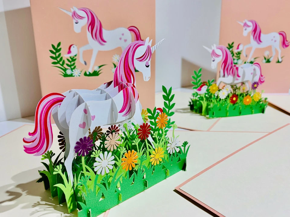 OrigamiPopCards.com Hadas Jardín Unicornio 3D Pop Up Tarjeta de Felicitación Feliz Cumpleaños Foto 3 de 4