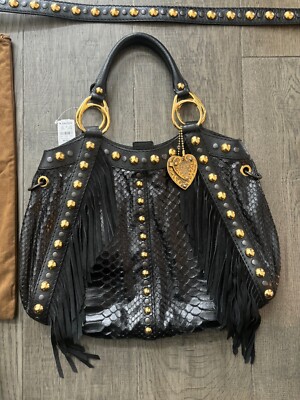 Gucci Authentic Black Python Babushka Hobo Purse with Suede Fringe Gold Grommets
