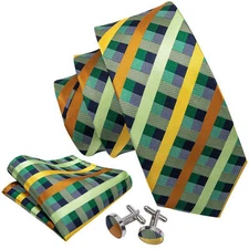 Green, Bronz, & Gold Cross-Striped Necktie, Hanky, and Cufflinks