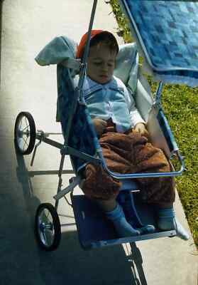 1950s Toddler Baby Boy Sleeping in Stroller 35mm Slide Red Star Boarder