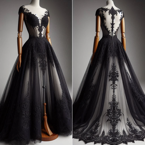 Gothic Black Deep V Neck Wedding Dresses with White Lining A Line Bridal Gowns - Picture 3 of 9