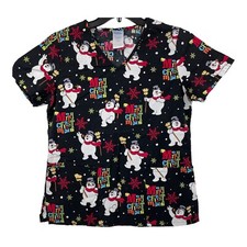 Frosty The Snowman Scrub Top Womans Size Small Snowflakes Merry Christmas Black