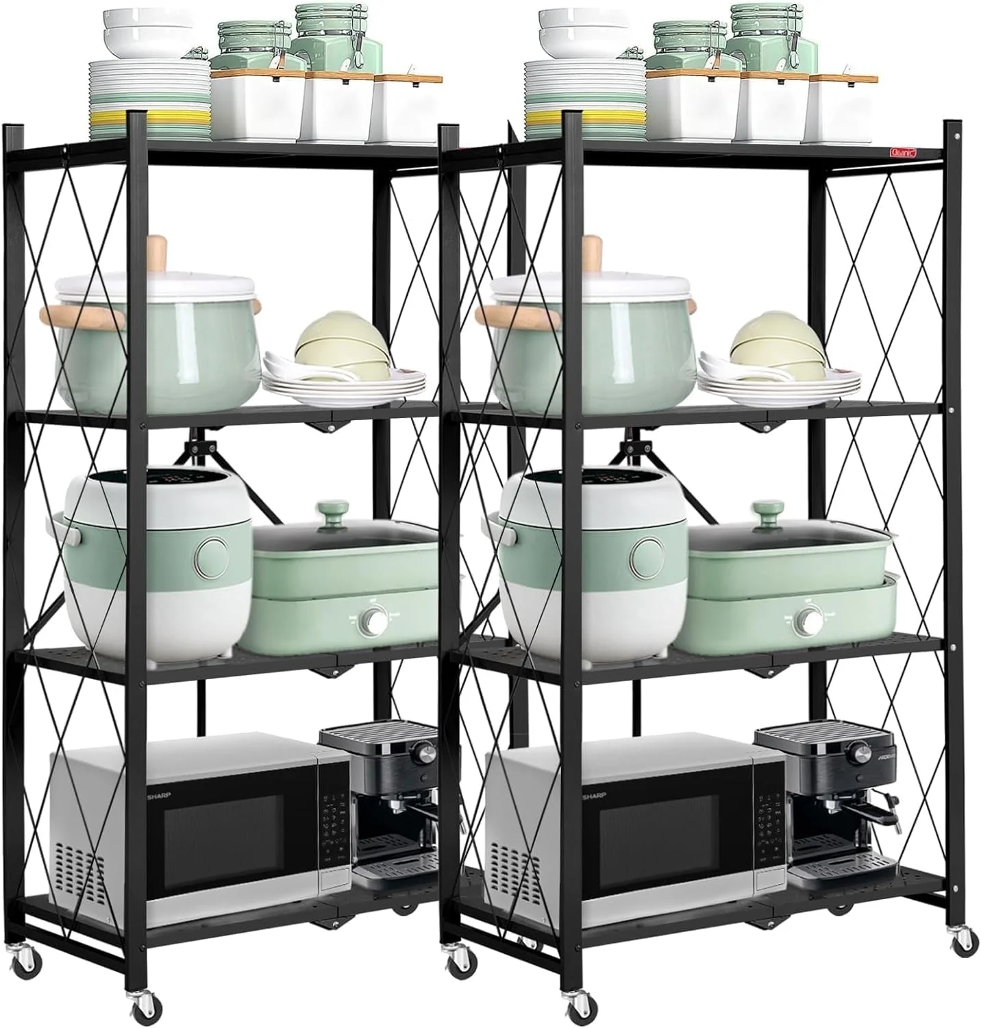 2 Pack of  4-Tier Foldable Storage Shelving with Wheels Home Garage Rolling Cart
