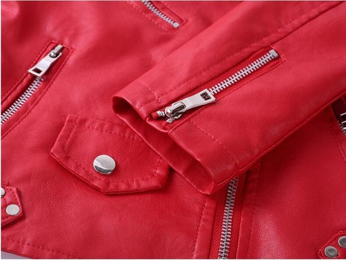 Kids 2-9Y Girls PU Leather Solid Motorcycle Coat zip Pocket short outwear Jacket - Picture 15 of 23