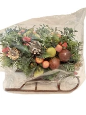Vintage NOS  Pinecones Fruit Greens Plastic Wood Sleigh Centerpiece Decoration