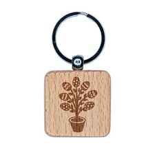Easter Egg Tree Engraved Wood Square Keychain Tag Charm