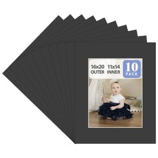 Golden State Art, Pack of 10, Acid-Free 16x20 Black Pre-Cut Picture Mats for 11x