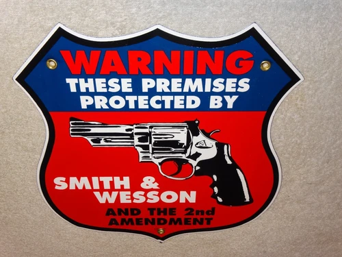 VINTAGE 1971 SMITH & WESSON FIREARMS 11 3/4" PORCELAIN METAL GAS GUN BULLET SIGN