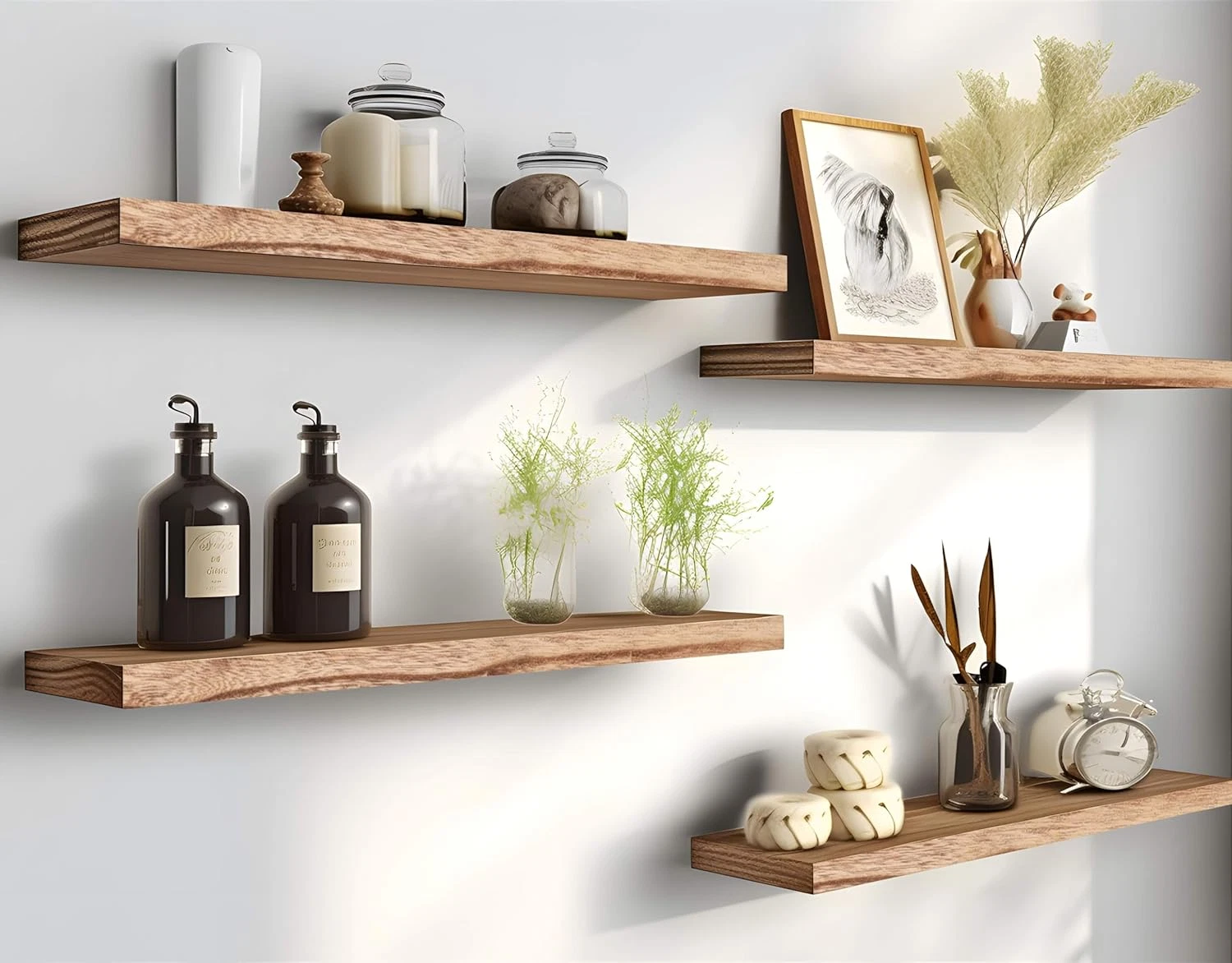 Set of 4 Light Brown 24 Inch Wooden Floating Wall Shelves for Bedroom