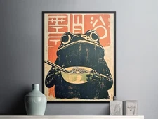 Retro Frog Ramen Poster, Frog Eating Ramen Print, Ramen Noodles Wall Art Decor