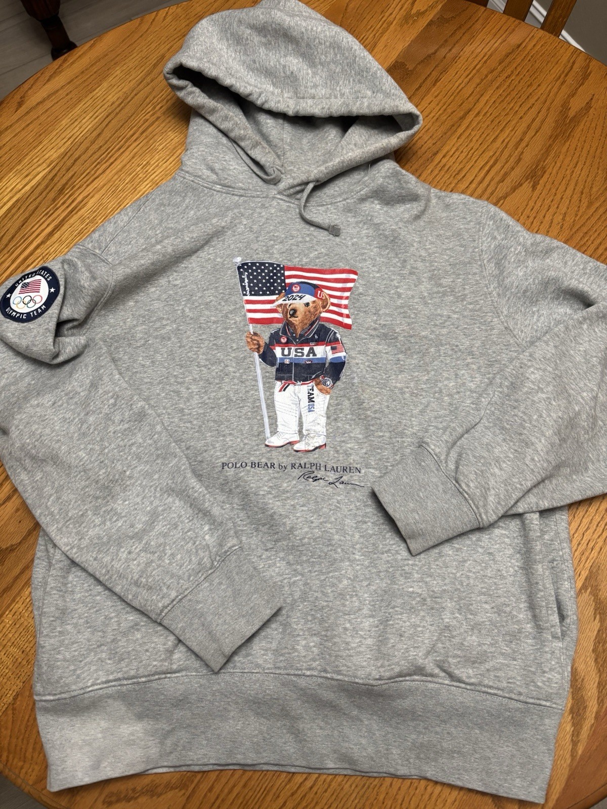 POLO RALPH LAUREN Men’s Fleece Hoodie Olympics Team USA Bear Grey Size Medium