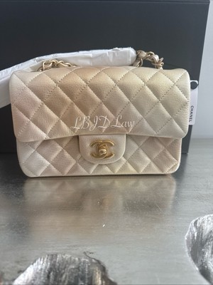 CHANEL Beige Mini Flap Bag Iridescent Cloudy Goatskin Metallic