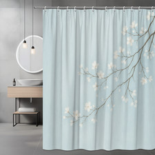 White Floral Shower Curtain on Soft Blue Background
