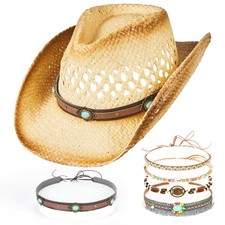 Straw Cowboy Hat for Women Men Western Cowgirl Hat Woven Sun Hat Adjustable...