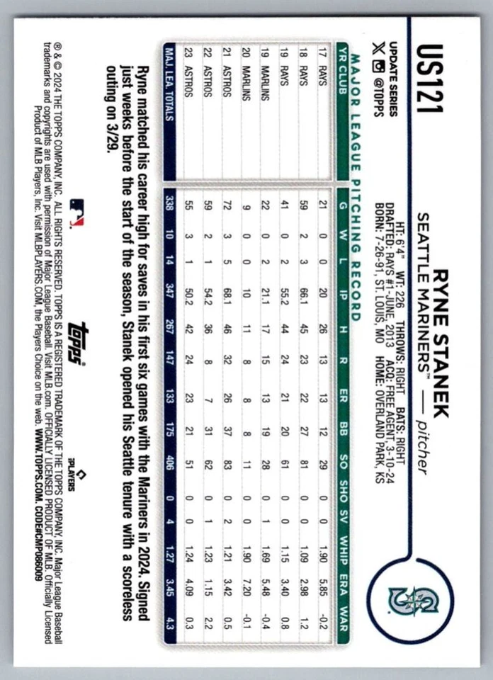 2024 Topps Update Ryne Stanek Seattle Mariners #US121 - Image 2 of 2