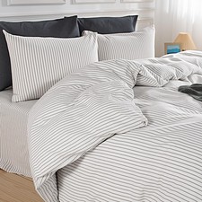 Striped Duvet Cover King Size,100 Washed Cotton Bedding Set,Textured Linen F...