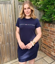 Tommy Hilfiger Women Navy Grey Short Sleeve Brand Jersey Shift Dress
