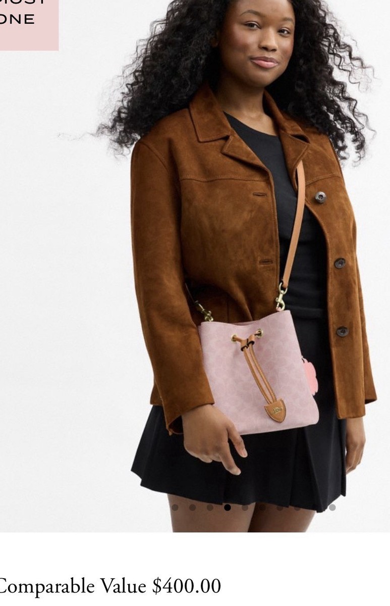 New Coach Powder Pink Signature Bucket Bag Flower Charm Detachable