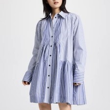 Ganni Stripe Cotton Wide Mini Shirt Dress Size 38 AU 12 Blue White