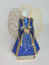 Vtg Stained Glass Angel Candle Holder Blue Votive Tea Light Prism Face 7.5"