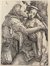 Gravure d'après Lucas Van Leyden Couple curiosa Le bouffon et la jeune femme