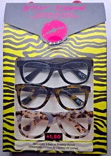3 Pair Betsey Johnson Readers NEW Reading Glasses Black Olive Tortoise +1.50