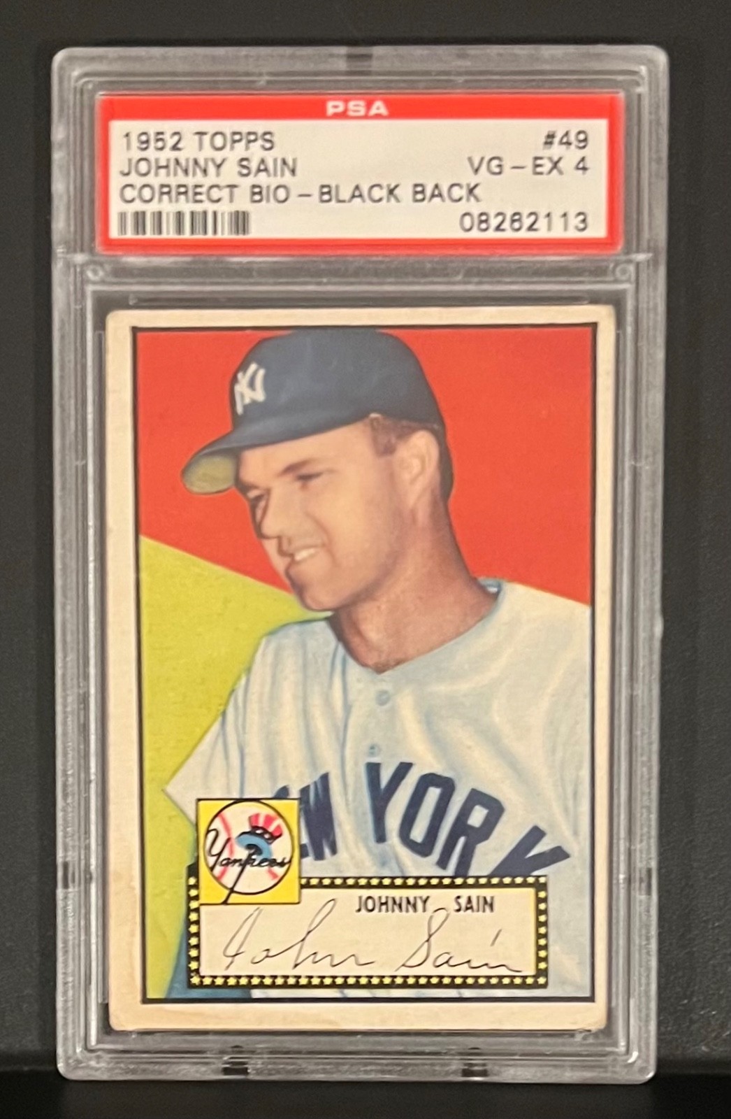 1952 Topps Johnny Sain Correct Bio-Black Back #49 PSA4