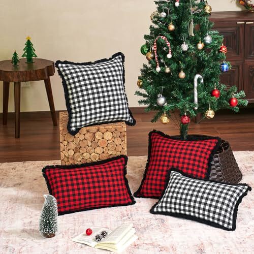 Red and Black Plaid Christmas 18x18 Inches Red & Black (With Tassels) - Bild 4 von 7