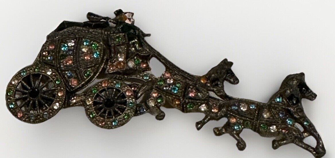 Vintage Horse Carriage Rhinestone Articulated Stage Coach Enamel Brooch Potmetal