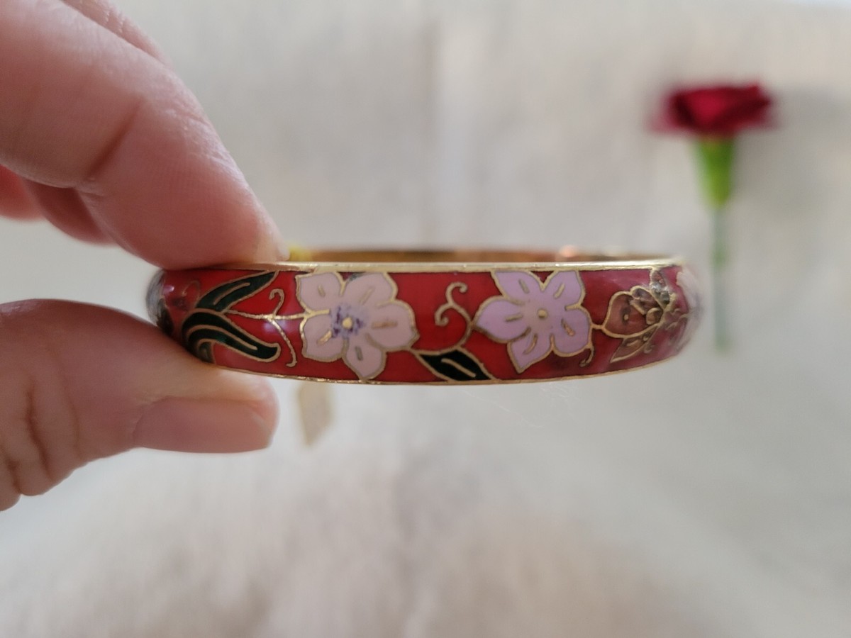 Red Floral Cloisonné Bangle Bracelet Vintage red cloisonne floral design bangle bracelet | eBay main image 4