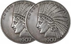 (1907 2PCS) Antique Liberty Indian Head 10 Dollar Coin Uncirculated Morgan Silve