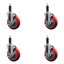 5 Inch Red Poly Swivel 1 Inch Expanding Stem Caster Set with Brake SCC