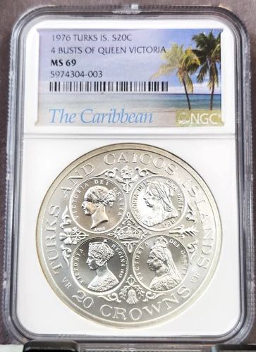 1976 TURKS SILVER 20 CROWNS 4 BUSTS OF QUEEN VICTORIA NGC MS 69 RARE GEM COIN