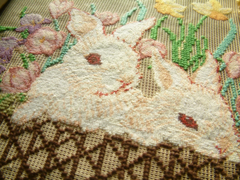 Lovely Cute Pair of White Rabbits Beautiful Flowers Needlepoint Canvas Preworked - Image 2 of 2